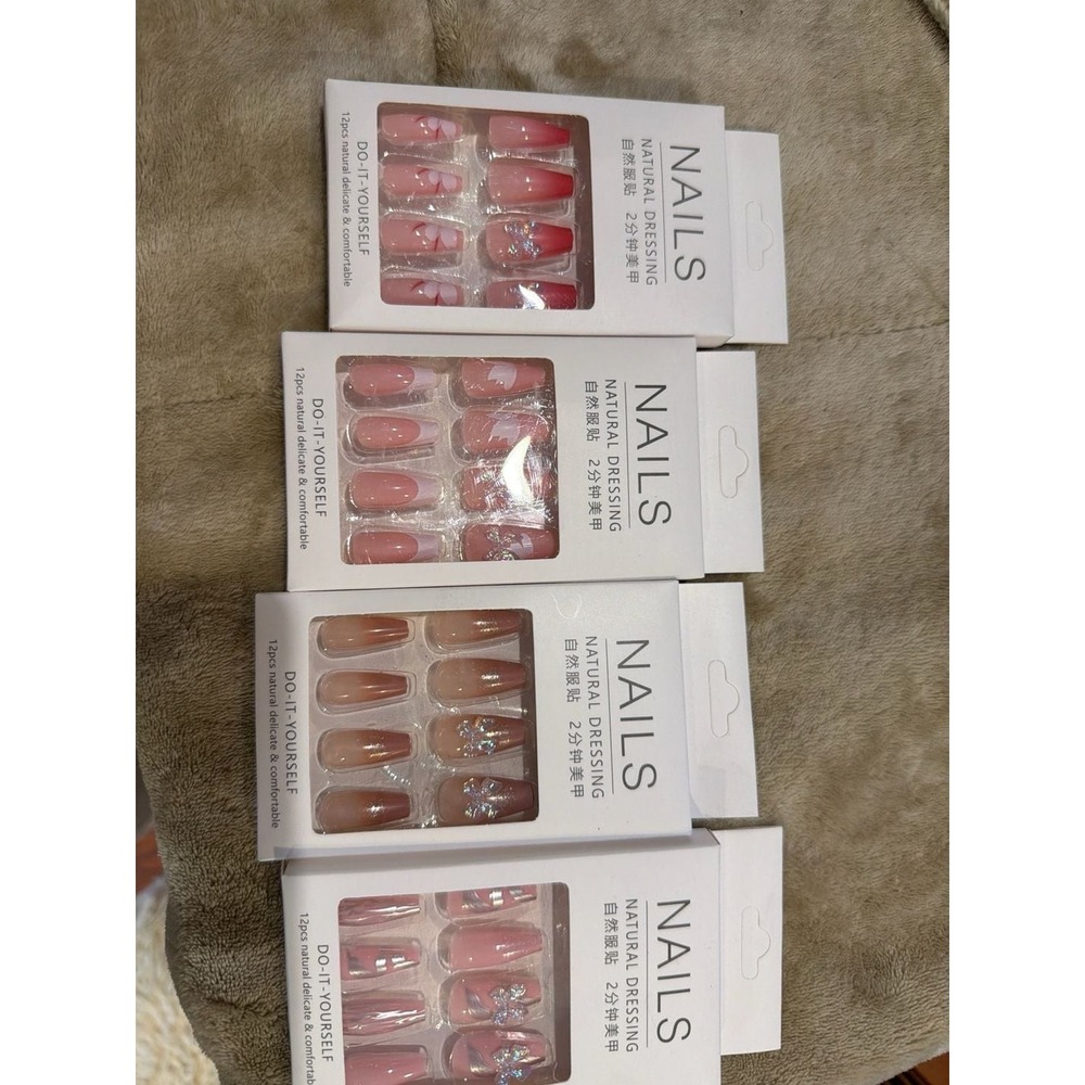 4 pk Natural Dressing Butterfly & Floral Design Press-On Nails 2pcs Coffin Shape